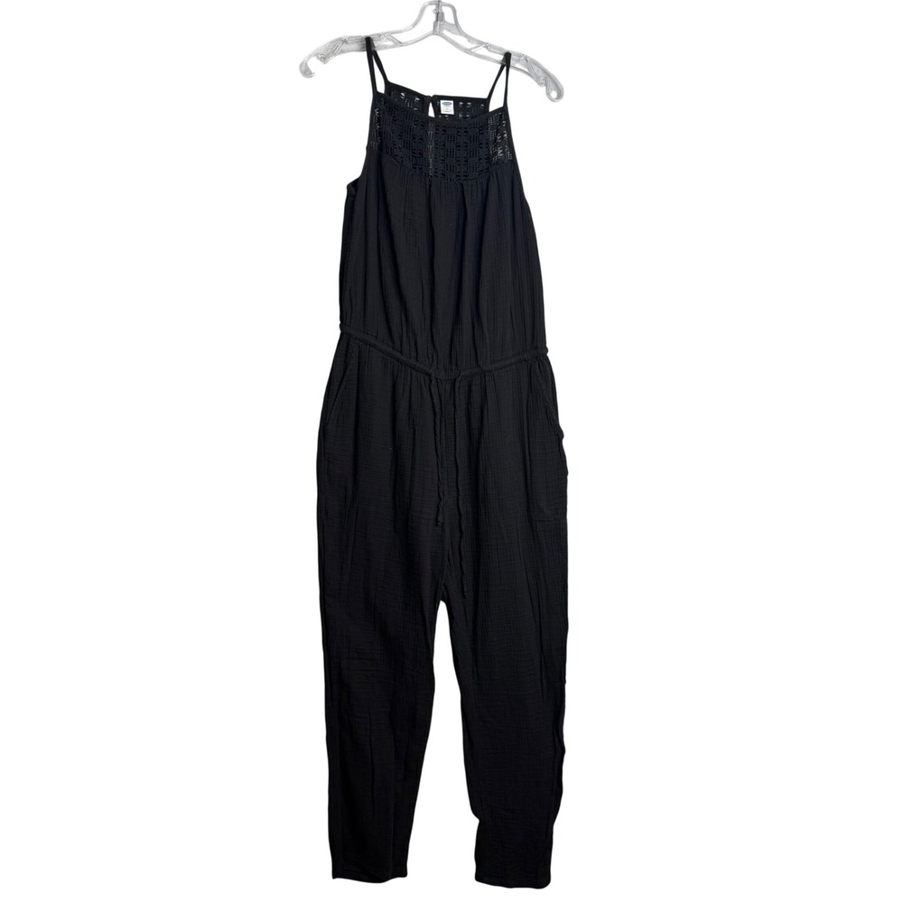 Old Navy‎ Crochet Jumpsuit Womens M Black Preppy Casual Tapered Leg Pockets